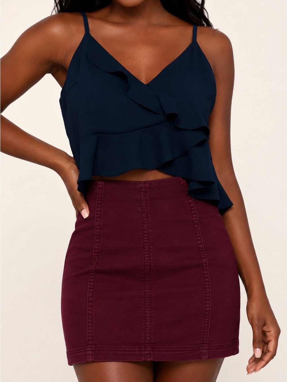 Free People Burgundy Denim Mini Skirt
